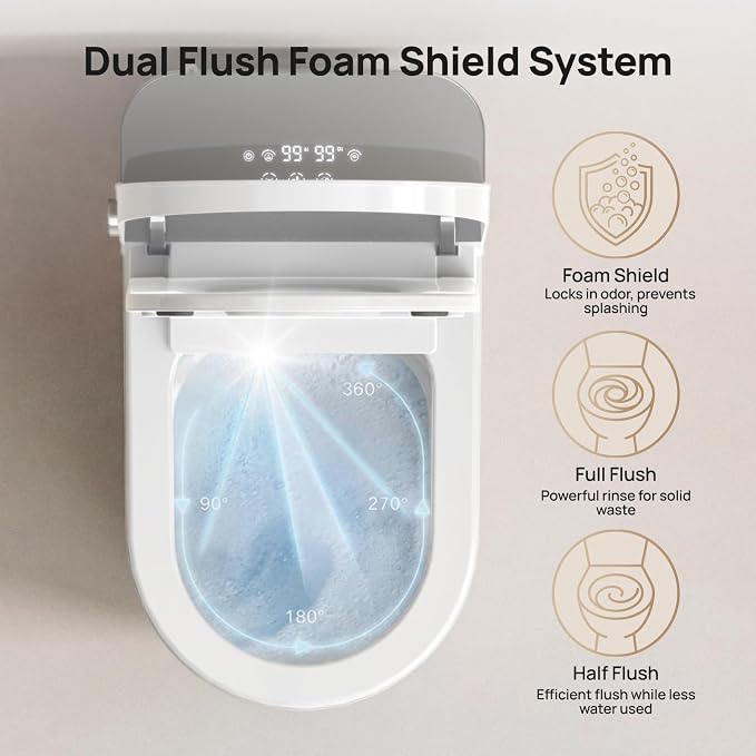 Smart Toilet with Bidet Built-in: Super Gentle Wash Bidet Toilet with Dryer, Dual Flush One Piece Toilets with Auto Lid/Seat, Foam, Heated Seat, Foot Sensor, UV-C Night Light, Child Mode, Grey