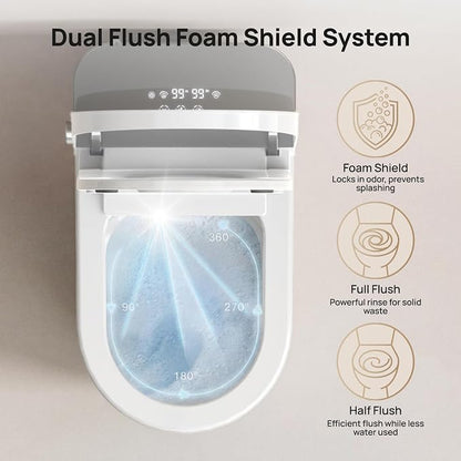 Smart Toilet with Bidet Built-in: Super Gentle Wash Bidet Toilet with Dryer, Dual Flush One Piece Toilets with Auto Lid/Seat, Foam, Heated Seat, Foot Sensor, UV-C Night Light, Child Mode, Grey