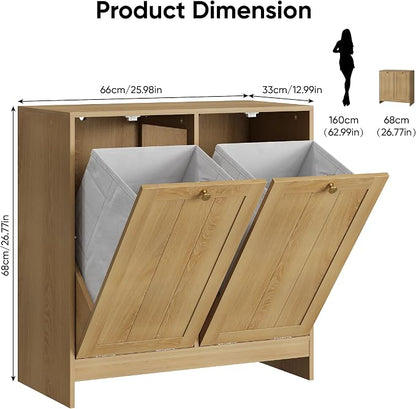 Smart FENDEE Double Tilt Out Laundry Hamper Cabinet, Small Hidden Trash Cabinets with 2 Baskets for Kitchen, Freestanding Bathroom Storage Cabinet Unit, Natural Oak