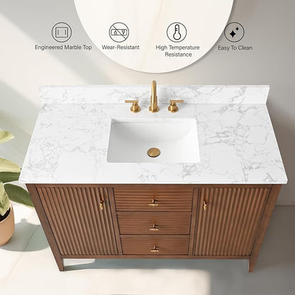 Vanity Art 48 inch Walnut Bathroom Vanity with Single Sink & Ceramic Top, Vanity Cabinet with Soft-Closing Door, Solid Wood Frame, Linear Pattern, Walnut, VA9148-Walnut-MB,Matte Black Handles