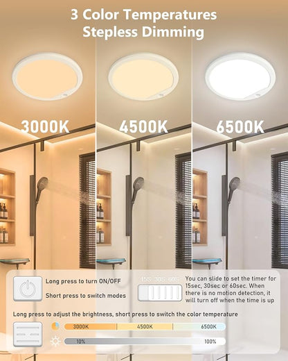 Rechargeable Motion Sensor Ceiling Lights for Hallway, Bathroom (Round) | Magnetic Mount Dimmable Closet Light with Remote, 7000mAh Battery Operated, 3 Color Modes, Wireless Installation