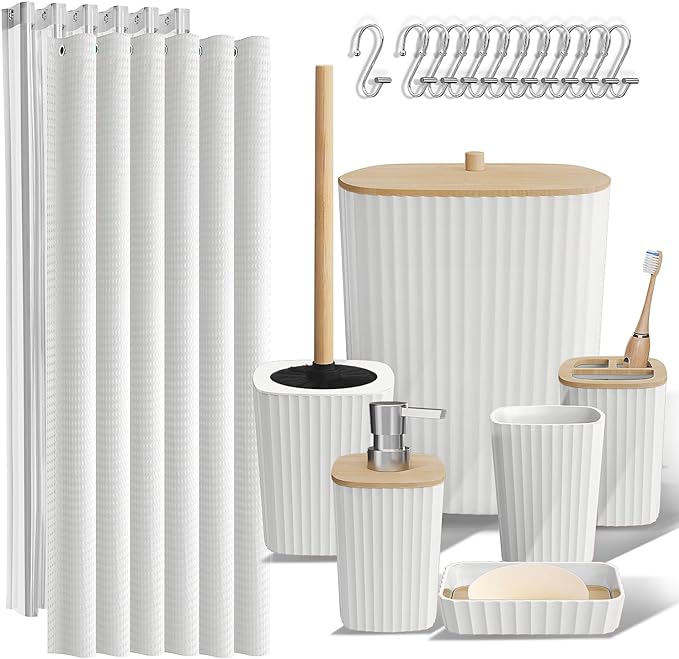 Clara Clark White Bathroom Set, Shower Curtain Set, Bathroom Accessory Set | 20 Piece Bathroom Accessories Set with Toothbrush Holder, Soap Dispenser, Soap Dish, Toilet Brush, and Bathroom Trash Can