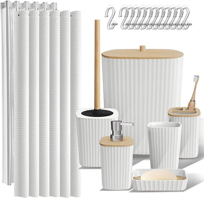 Clara Clark White Bathroom Set, Shower Curtain Set, Bathroom Accessory Set | 20 Piece Bathroom Accessories Set with Toothbrush Holder, Soap Dispenser, Soap Dish, Toilet Brush, and Bathroom Trash Can