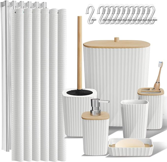 Clara Clark White Bathroom Set, Shower Curtain Set, Bathroom Accessory Set | 20 Piece Bathroom Accessories Set with Toothbrush Holder, Soap Dispenser, Soap Dish, Toilet Brush, and Bathroom Trash Can