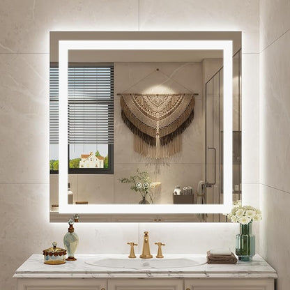 30x30 LED Lighted Bathroom Mirror for Vanity Wall | Front Light and Backlit, Anti-Fog, Memory, 3 Color, Tempered Glass, Dimmable, Rectangular, UL, Horizontal/ Vertical Mounted