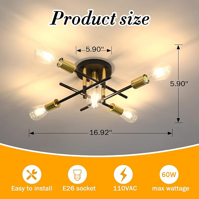 UOFUS Farmhouse 5-Light Semi Flush Mount Ceiling Light Fixture with E26 Modern Matte Black and Gold Chandelier Sputnik Ceiling Lamp for Hallway Kitchen Dining Room Bedroom Study Living Room Bathroom