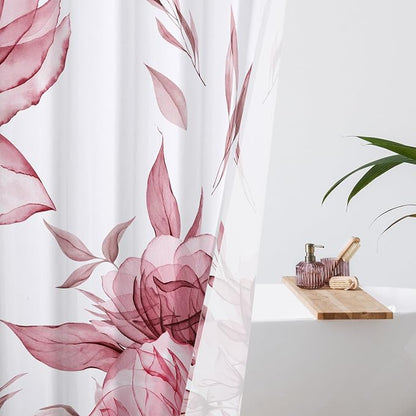 Burgundy Boho Floral Shower Curtain, Watercolor Botanical Design, 72 x 84 | Boho Floral Design, Watercolor Ink Painting Style, Botanical Flowers & Leaves, Elegant Bathroom Accent, Fabric Cloth Curtain