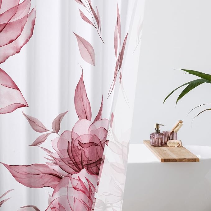 Burgundy Boho Floral Shower Curtain, Watercolor Botanical Design, 36 x 72 | Boho Floral Design, Watercolor Ink Painting Style, Botanical Flowers & Leaves, Elegant Bathroom Accent, Fabric Cloth Curtain