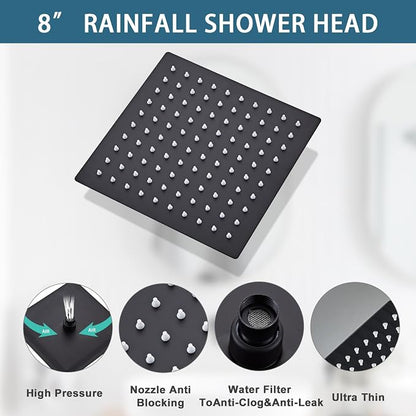 8 Inch Shower Faucet Set, Rainfall Shower System with High Pressure Handheld Shower Head, Bathroom Mixer Shower Set Wall Mounted Rough-in Valve and Trim Kit, Matte Black, with 3-Setting
