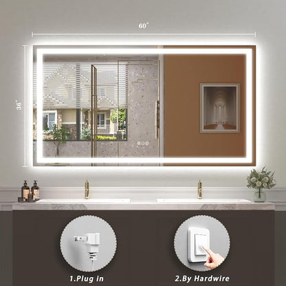 60x36 LED Lighted Bathroom Mirror for Vanity Wall | Front Light and Backlit, Anti-Fog, Memory, 3 Color, Tempered Glass, Dimmable, Rectangular, UL, Horizontal/ Vertical Mounted