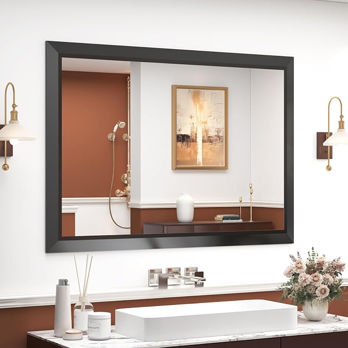 SMIROR 40x30 Matte Black Bathroom Vanity Mirror for Over Sink | Metal Wide Frame, Rectangle, Right- Angle Corner, Anti-Rust, Horizontally or Vertically Wall- Mounted for Home Remodel