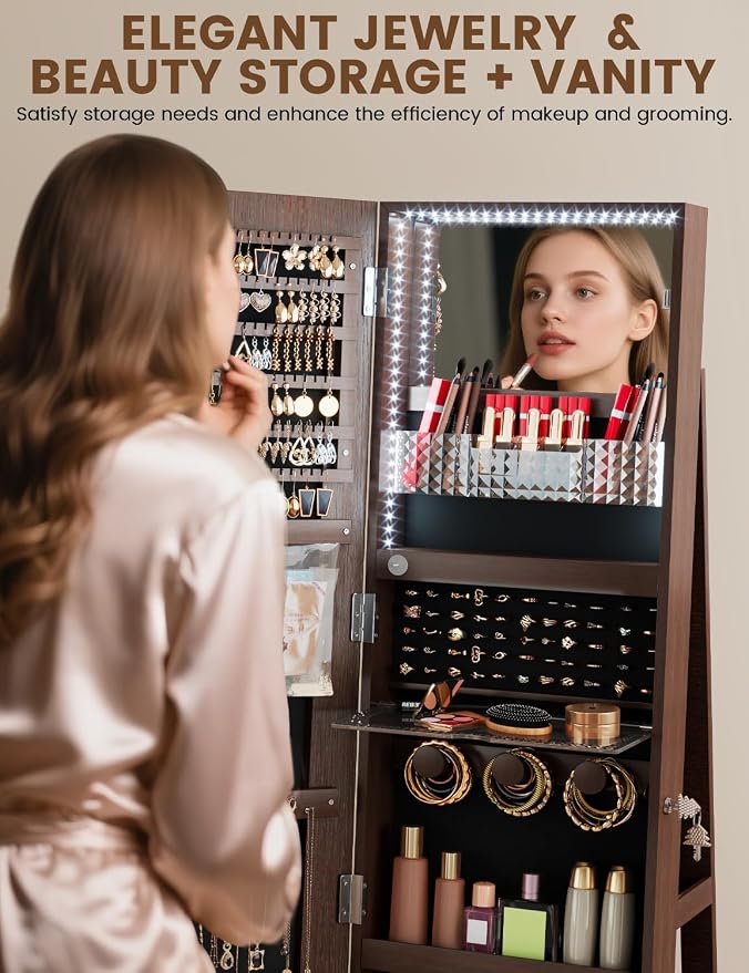 Full Length Jewelry Armoire with LED Mirror 360 Rotating Brown | Full Length LED Mirror, 3-color Light, 360 Rotating Base, Jewelry Storage, Makeup Tray, Shelves, Drawers