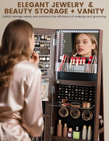 Full Length Jewelry Armoire with LED Mirror 360 Rotating Brown | Full Length LED Mirror, 3-color Light, 360 Rotating Base, Jewelry Storage, Makeup Tray, Shelves, Drawers