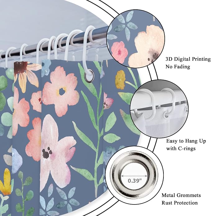 Blue Floral Cute Colorful Kids Girly Spring Art Bathroom Shower Curtain Set | 72"W x 72"H Botanical Plants; waterproof HD print, quick-dry fabric with 12 hooks for easy hanging.