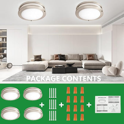 10inch LED Flush Mount Ceiling Light Fixture Dimmable Brushed Nickel, Easy Install LED Ceiling Lamp Fixture Without Flicker, Super Bright 24W 2400LM 5000K 4-Pack