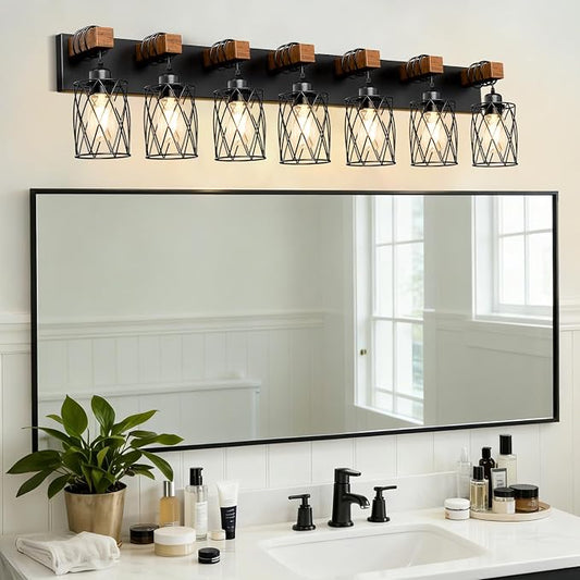 IZORRO Farmhouse Bathroom Vanity Light, 7-Light Wood Bathroom Light Fixtures Over Mirror, Black Industrial Vanity Lights with Metal Shade, Rustic Restroom Lighting Fixtures