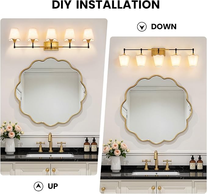 Black Gold Bathroom Vanity Light: 5 Light Vanity Lighting Fixtures with Flared Fabric Shade, Farmhouse Bathroom Lighting Fixtures over Mirror, Wall Sconce Lights for Bedroom Hallway Living Room