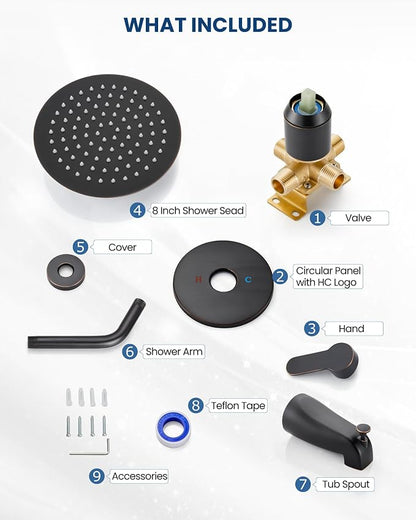 Airuida Shower Faucet Set with Tub Spout,8" Bathtub Faucet-Oil Bronze | Male Threads Rough-In Valve,Round Head Shower System,Tub and Shower Kit Set