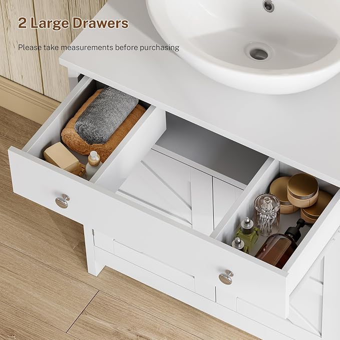 TEENFON Pedestal Sink Storage Cabinet with 2 Barn Doors and Drawer, Bathroom Sink Cabinet with U-Shape Cut-Out, Pedestal Sink Cabinet, White