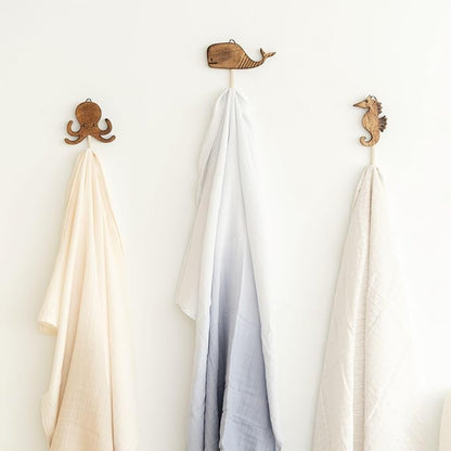 Crane Baby Sea Life Wooden Wall Hooks - Set of 4 Wooden Ocean Nursery Decor Towel Hooks, Brown