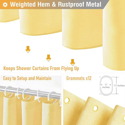 72x78 Linen Textured Waterproof Fabric Thick Shower Curtain, Yellow | Long Size, 230GSM Polyester, Heavy Duty Cloth, Weighted Hem, 12 Plastic Hooks, Modern Luxury Hotel Style, Machine Washable