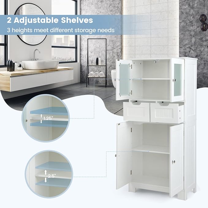 GIANTEX Floor Storage Cabinet, Freestanding Bathroom Cabinet with 2 Glass Doors, 2 Drawers & Adjustable Shelves, Multifunctional 50.5” Tall Storage Organizer Cupboard for Kitchen Living Room, White