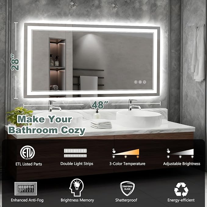 48x28 Inch LED Bathroom Mirror with Lights, 3 Colors Dimmable LED Vanity Mirror, Front and Back Lit, Anti-Fog, Memory Function, Shatterproof Tempered Glass, ETL Listed, Wall Mounted Makeup Mirror