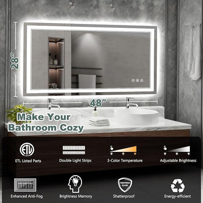 48x28 Inch LED Bathroom Mirror with Lights, 3 Colors Dimmable LED Vanity Mirror, Front and Back Lit, Anti-Fog, Memory Function, Shatterproof Tempered Glass, ETL Listed, Wall Mounted Makeup Mirror