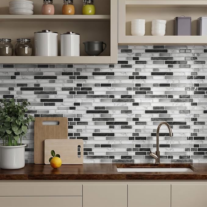 Peel and Stick Backsplash, Self Adhesive 10 Kitchen Tiles 12''x12'' | Gray White 3D Wall Tile Back Splash for Kitchen, Bathroom, Laundry Room