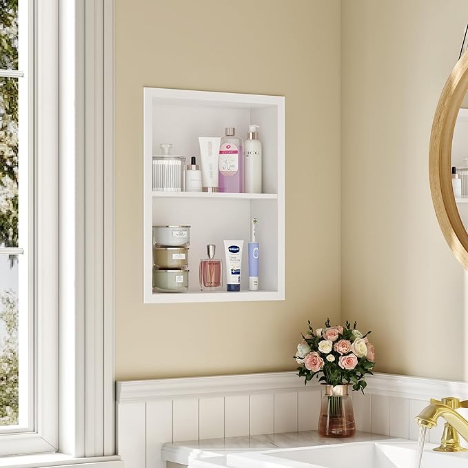 Medicine Cabinet Recessed, Medicine Cabinet Without Mirror, 304 Stainless Steel Medicine Wall Niche with Double Shelves, Matte White