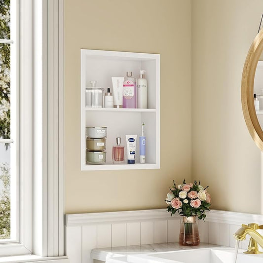 Medicine Cabinet Recessed, Medicine Cabinet Without Mirror, 304 Stainless Steel Medicine Wall Niche with Double Shelves, Matte White