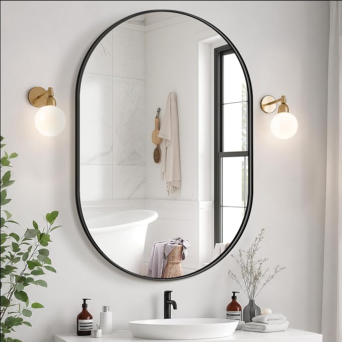 40x28 Black Oval Bathroom Mirror for Over Sink, Aluminum Frame | HD Reflection No Distortion, Aluminum Frame, Mounting Hardware for Vertical or Horizontal Mount