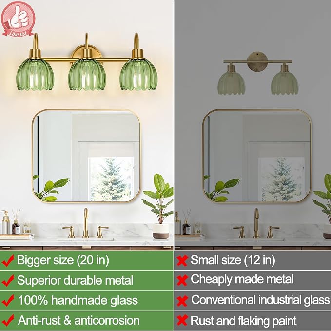 Bathroom Light Fixtures (3-Light, 20 in), Brushed Gold Vanity Lights for Bathroom with Ribbed Green Tulip Glass Shade, Vintage Vanity Wall Lights for Mirror Bedroom Living Room Hallway