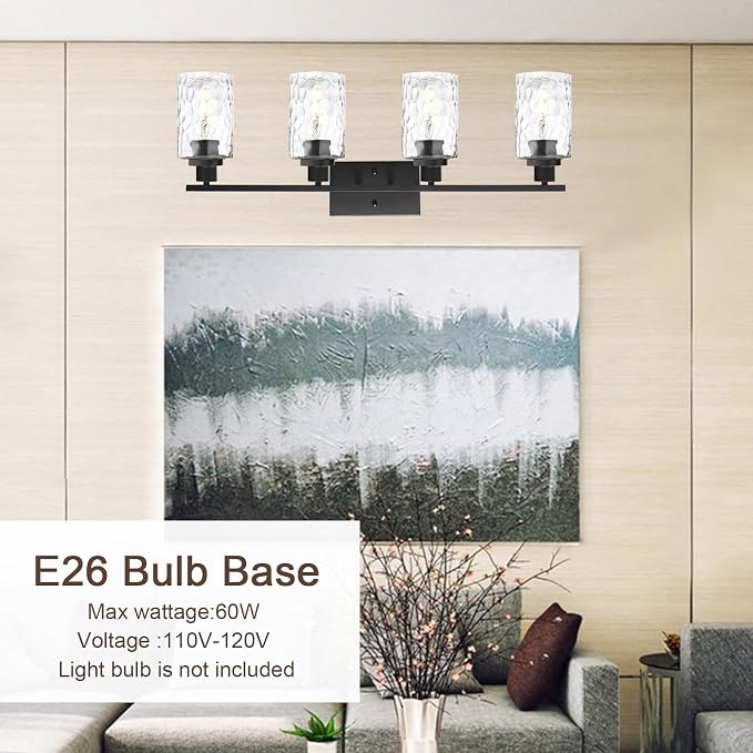 MELUCEE 4-Light Black Bathroom Vanity Light with Clear Hammered Glass | Wall Light Fixture Modern Wall Sconces Lamp for Powder Room Bedroom Kitchen Porch (Patent No.: US D963914 S)