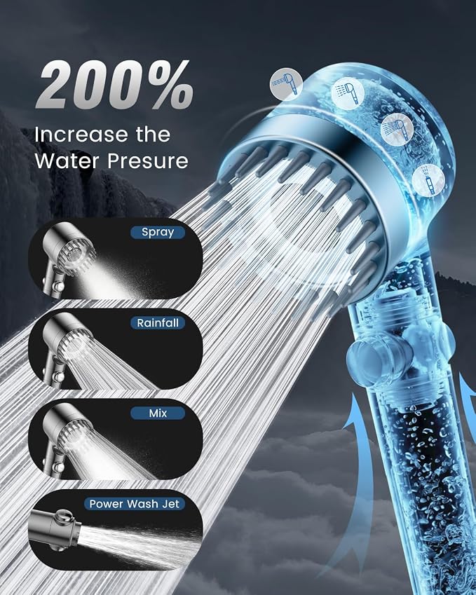 Filtered Shower Head with Handheld,4 Filters,High Pressure Shower Heads | 72" Long Hose,4 Spray,ON/OFF Switch,Built-in Power Wash Showerhead,Silicone Massage Brush,Water Softener, Remove Chlorine