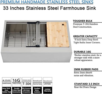 33 Inch Stainless Steel Farmhouse Sink, 33x20 Single Bowl Ledge Workstation Flat Apron Front Farm Kitchen Sink with Cutting Board, Brushed Nickel