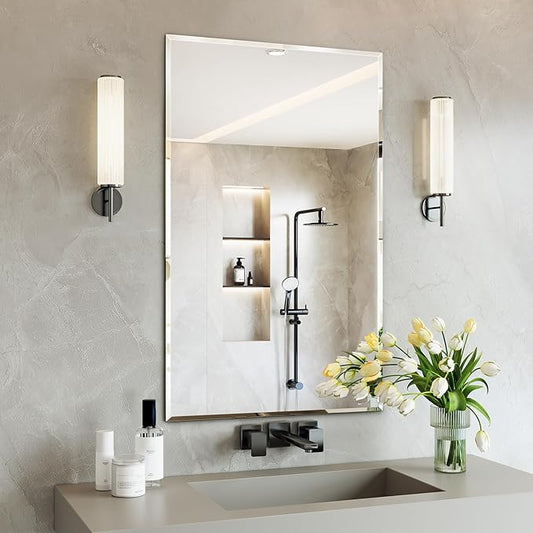 Bathroom Frameless Beveled Wall Mirror, 24"x48" Reactangle Beveled Mirror, Bathroom Wall Mirrors for Over Sink, Entryway, Bedroom, Living Room, Hangs Horizontally or Vertically