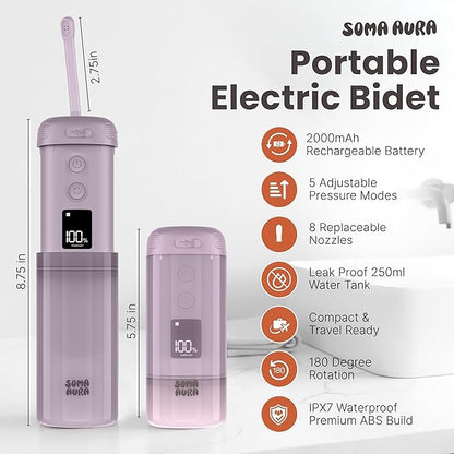 Portable Bidet - 250ml Rechargeable Electric Handheld Bidet with 5 Adjustable Spray Modes, 8 Replaceable Nozzles for Peri Bottle for Travel, Perineal, Postpartum & Post-Surgery Care (Purple)