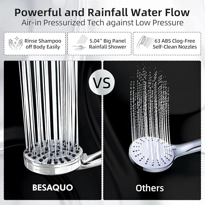 BESAQUO Shower Head, 9 Settings High Pressure shower head with handheld, Built-in Pause Mode & Power Wash, Non-Clogging Nozzles, 6ft Hose,Bracket (Premium Chrome)