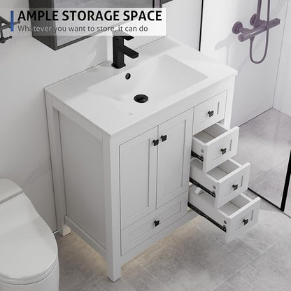 LUCKWIND 30" Bathroom Vanity and Sink Combos, Modern Bathroom Storage Painted Cabinet with Undercounter Resin Single Sink Top, Matte Black Faucet and 5 Drawers, Mirror Not Included, White