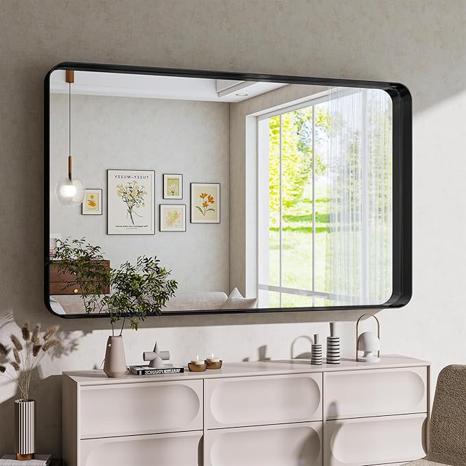 Bathroom Mirrors for Over Sink 30 x 48 Inch Rounded Rectangle Bathroom Vanity Mirror Bathroom Mirror for Wall Hangs Horizontally or Vertically for Living Room Bedroom Entryway Black