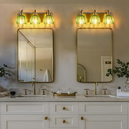 3-Light Vanity Lights with Green Tulip Glass Shade, Gold Bathroom Lighting Fixture Over Mirror, Vintage Vanity Wall Sconce Lamp for Kitchen Living Room Hallway