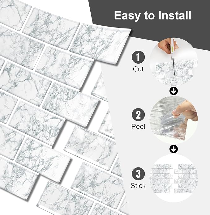 10 Sheets Thicker Design Peel and Stick Backsplash, 12"x12" Peel and Stick Wall Tiles, Subway Look Marble Tiles Backsplash for Kitchen and Bathroom, Snow Flake White