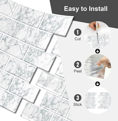 10 Sheets Thicker Design Peel and Stick Backsplash, 12"x12" Peel and Stick Wall Tiles, Subway Look Marble Tiles Backsplash for Kitchen and Bathroom, Snow Flake White