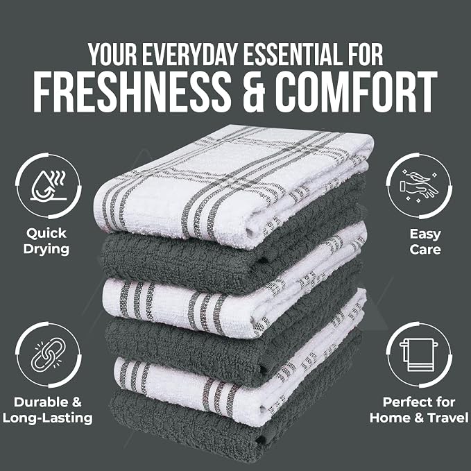 DAN RIVER Gray Kitchen Towels, 12 Pack, 16x26 Inches Absorbent Dish Towels | 100% Cotton Absorbent Soft cotton kitchen towels for drying dishes, Quick Dry, Dish Towels for kitchen,Tea and Bar towels set