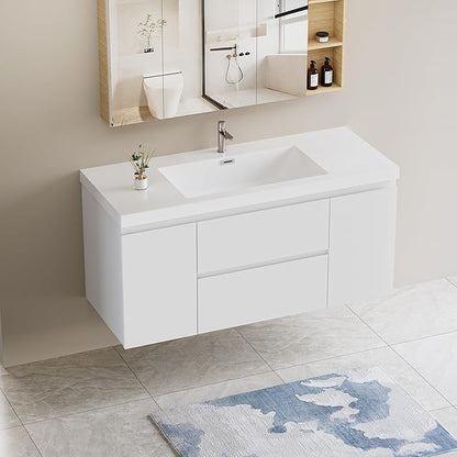 48 Inch Floating Bathroom Vanity with Single Sink, Modern Wall-Mounted Bathroom Vanity Storage Cabinet Organizer with 2 Soft Closing Doors and 2 Drawers (White)