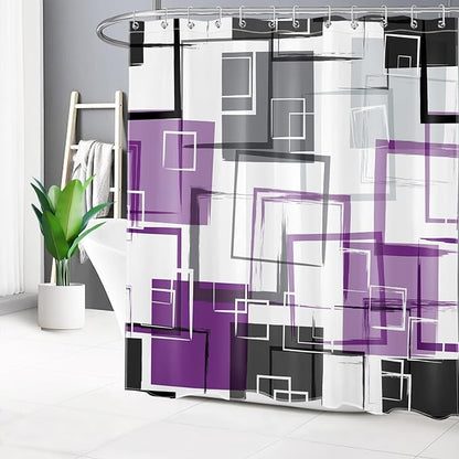 Purple Geometric Modern Shower Curtain for Bathroom,Grey Black and White Abstract Striped Shower Curtain with Hooks Mid Century Minimalist Bathroom Shower Curtain Set,78L X 72W inches
