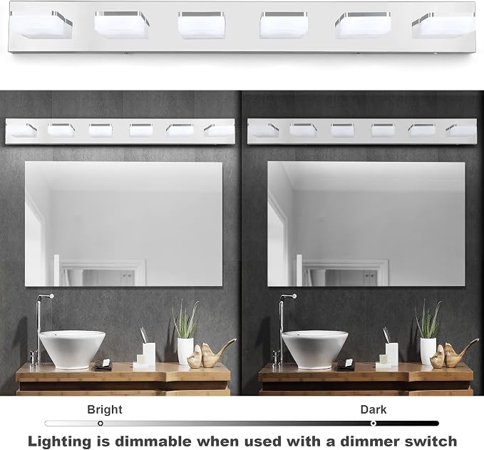 GOODATE 3 Colors Dimmable Bathroom Light Fixtures Over Mirror, LED Chrome Vanity Lights, Acrylic Stainless Steel 6 Light Bathroom Vanity Light, Adjustable 3000K/4000K/6000K, 360° Rotate