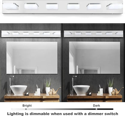 GOODATE 3 Colors Dimmable Bathroom Light Fixtures Over Mirror, LED Chrome Vanity Lights, Acrylic Stainless Steel 6 Light Bathroom Vanity Light, Adjustable 3000K/4000K/6000K, 360° Rotate