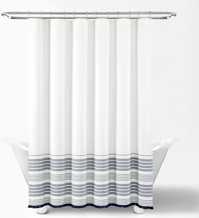 Lush Decor Nantucket Yarn Dyed Cotton Blend Tassel Fringe Shower Curtain Single 72" W x 72" L White & Navy - White Shower Curtains for Bathroom Curtain